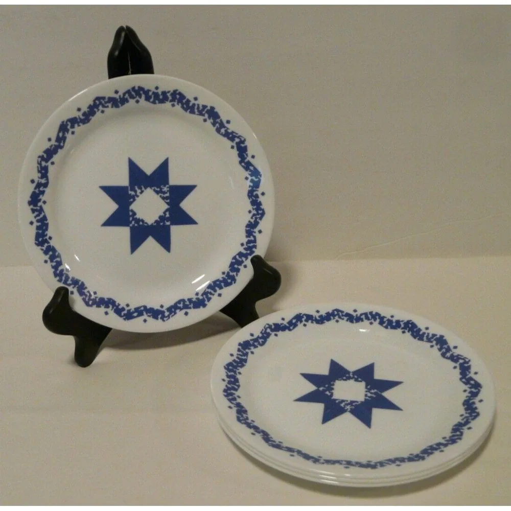 Set of 4 Corelle Corning Salad Plates Blue Star Pattern Retired USA‎ 7.25